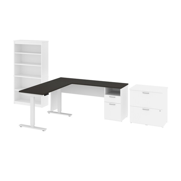 Bestar BESTAR Upstand 135W 72W L-Shaped Standing Desk with Bookcase and File Cabinet in deep grey & white 175853-000032 - main